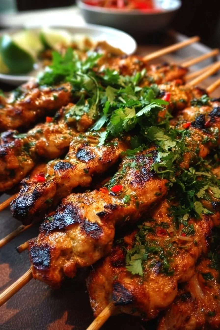 Spicy grilled Thai coconut chicken skewers on a serving platter