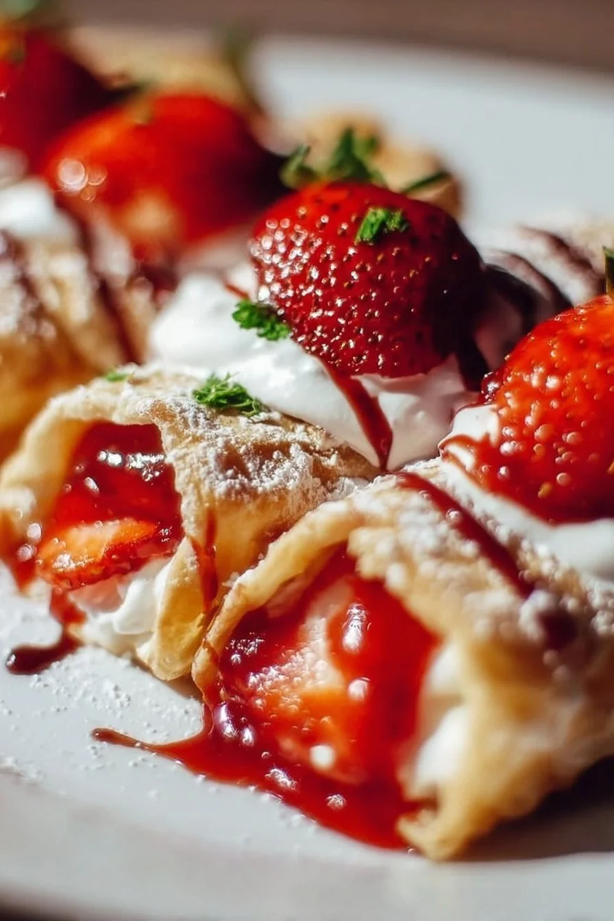 Delicious strawberry cheesecake chimichangas on a plate garnished with fresh strawberries.