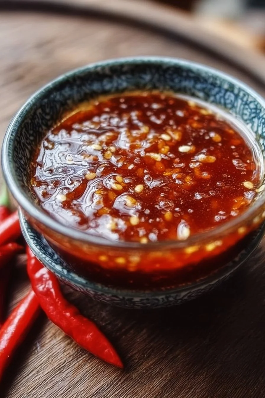 Homemade sweet chili sauce in a glass jar, perfect for dipping and glazing.