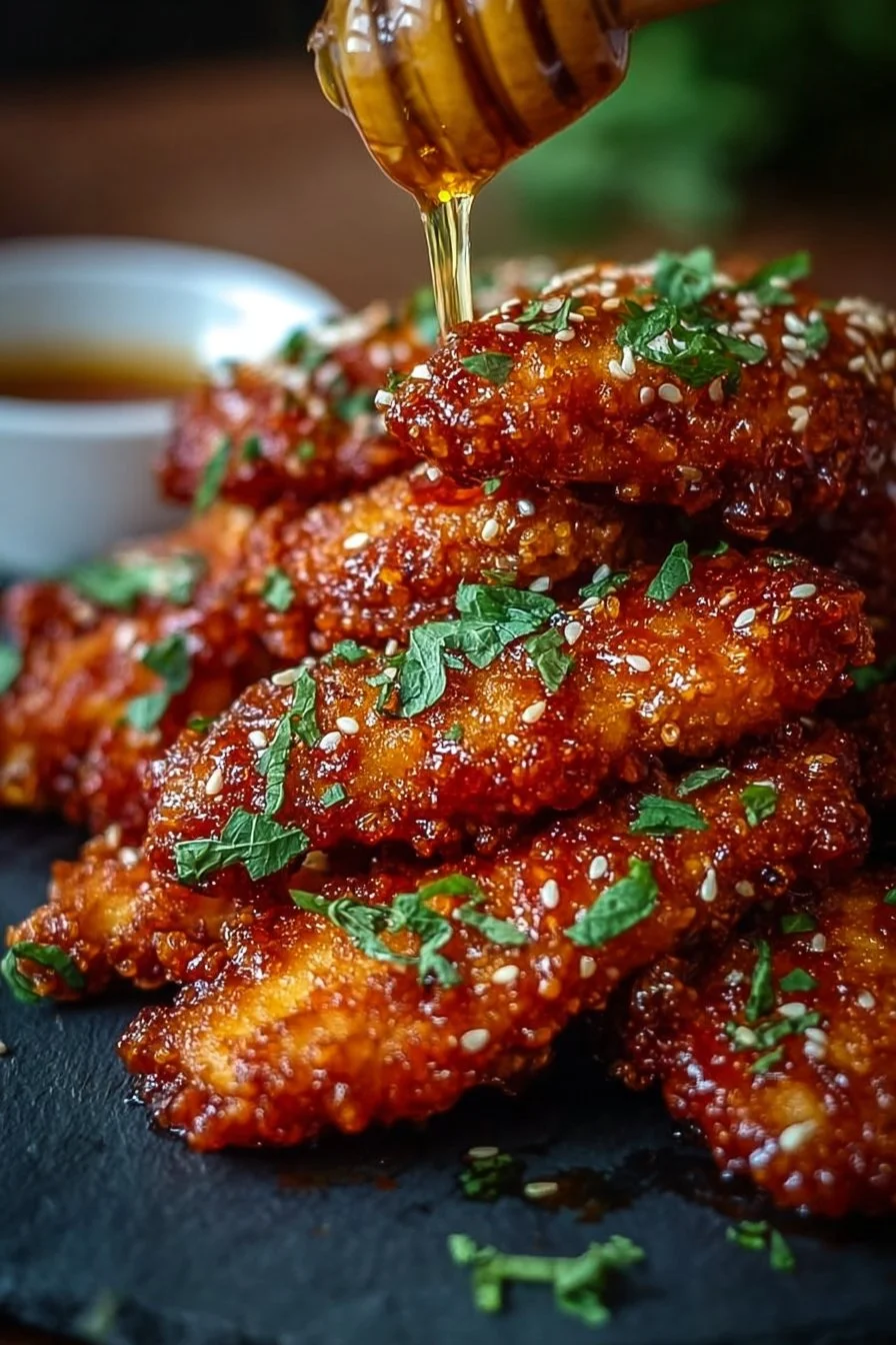 Crispy honey sriracha chicken tenders drizzled with sauce
