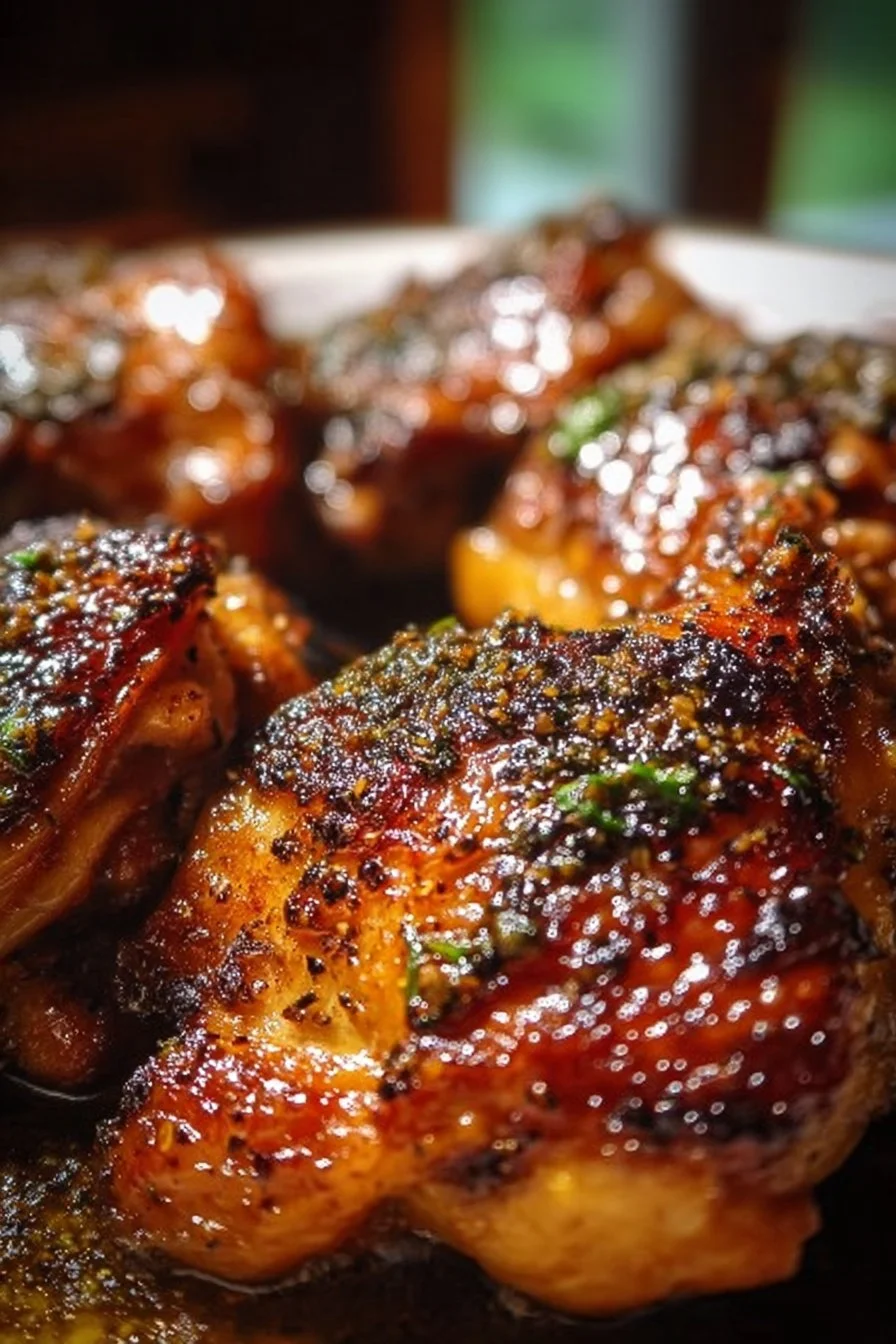 Tangy Brown Sugar Dijon Chicken Thighs plated and garnished with fresh herbs.