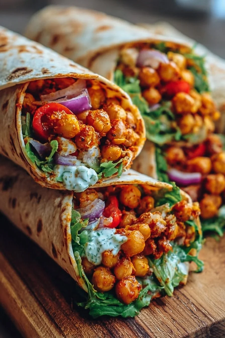 Tangy Buffalo Chickpea Wraps served with fresh veggies