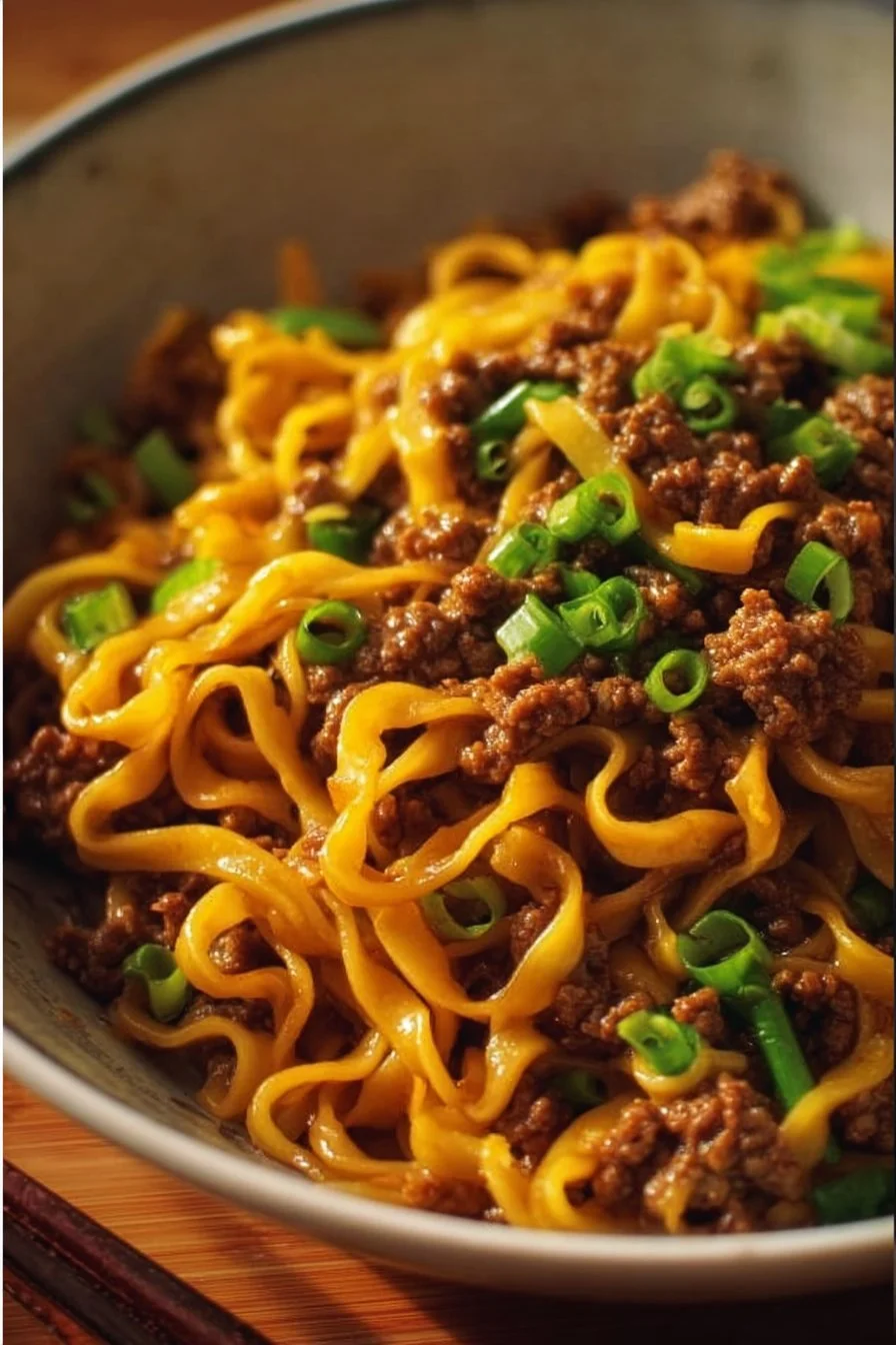 Bowl of tangy Mongolian beef noodles garnished with green onions