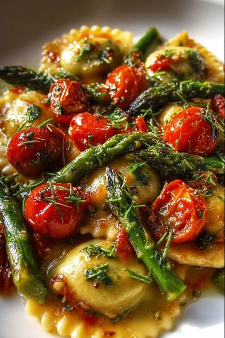 Plate of tangy ravioli with tomatoes, asparagus, and herbs