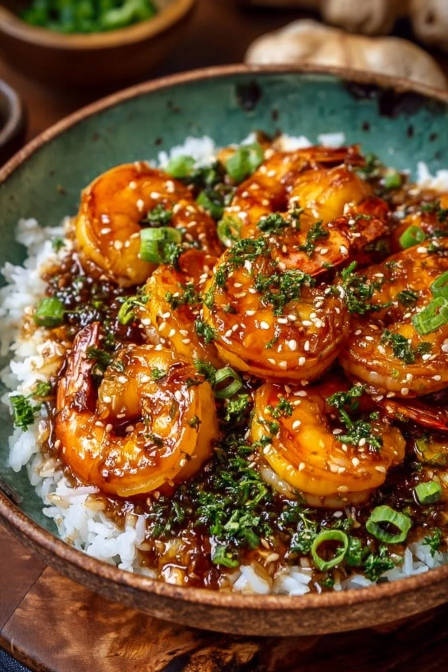 Delicious Honey Garlic Shrimp Bowl with vibrant vegetables and rice