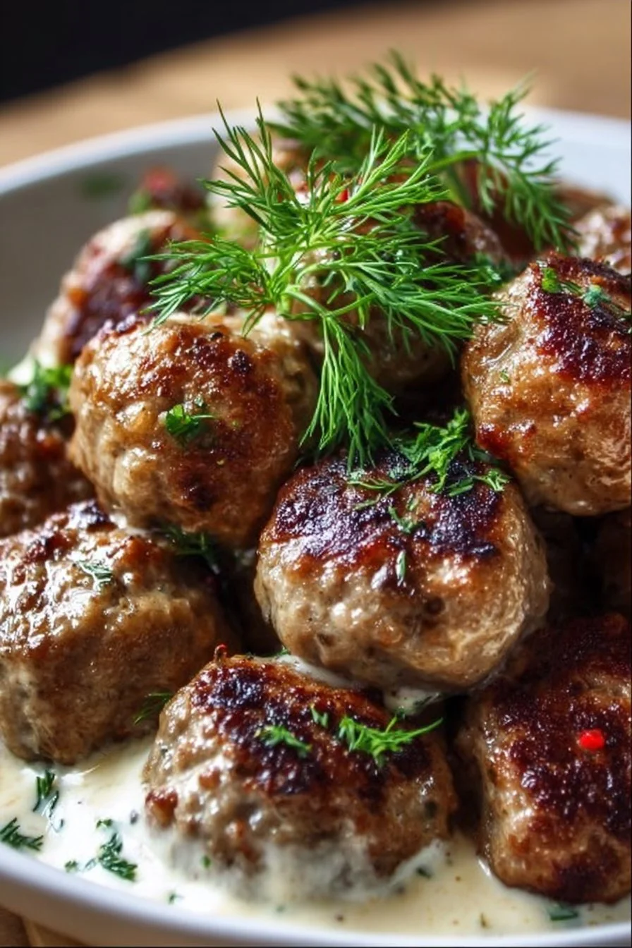 Delicious tender Swedish meatballs served with creamy sauce and sides.
