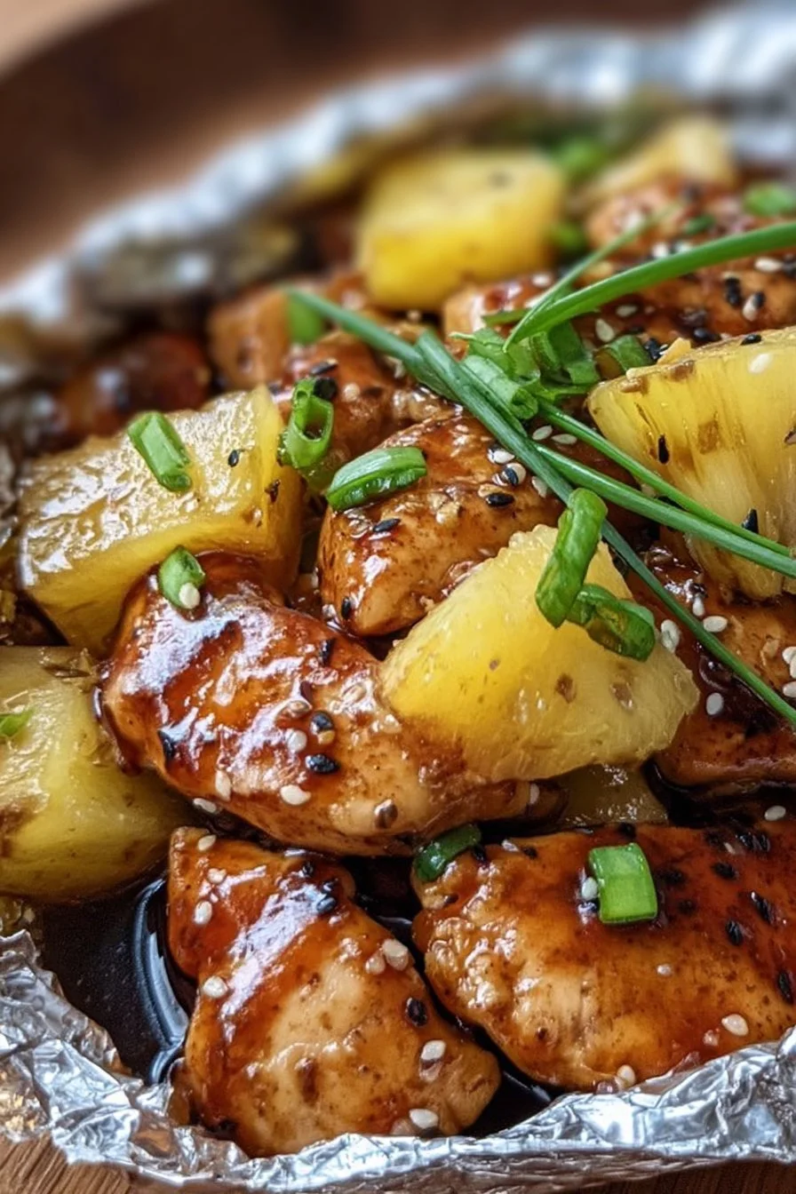 Teriyaki chicken and pineapple foil packets ready for grilling.