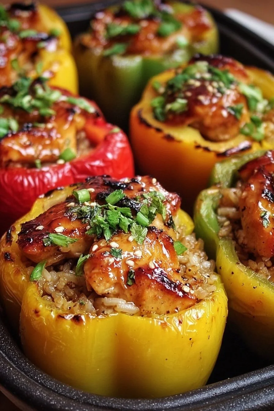 Teriyaki Chicken Pineapple Stuffed Peppers with rice on a plate