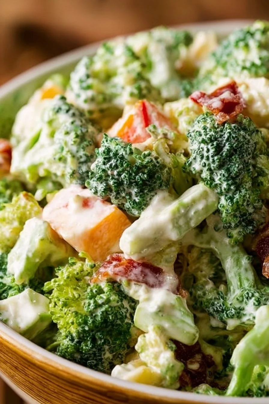 Bowl of delicious Amish Broccoli Salad with colorful vegetables and dressing
