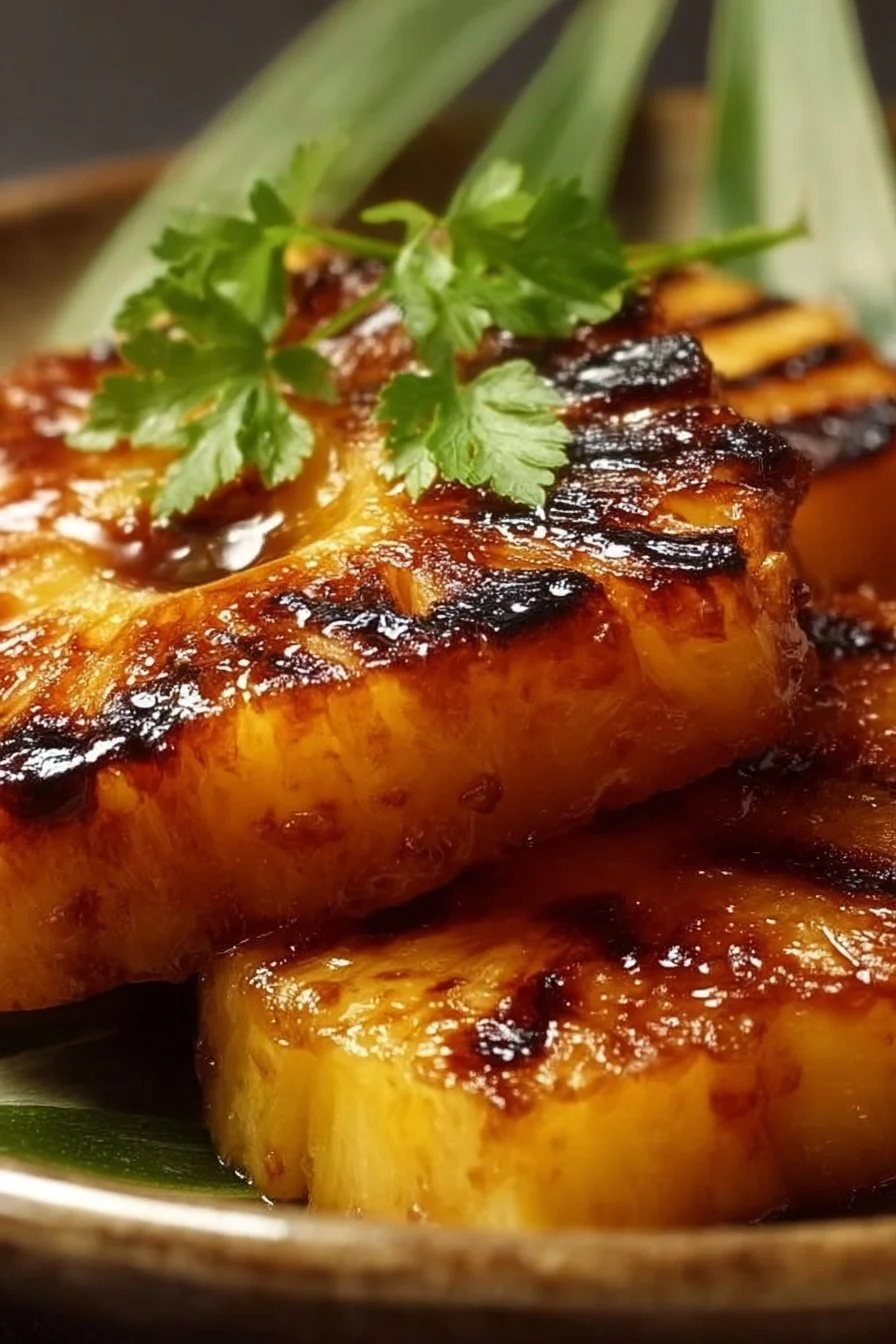 Delicious brown sugar grilled pineapple on a barbecue grill.