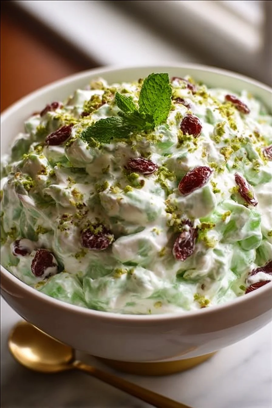 Bowl of Watergate Salad topped with cherries and nuts