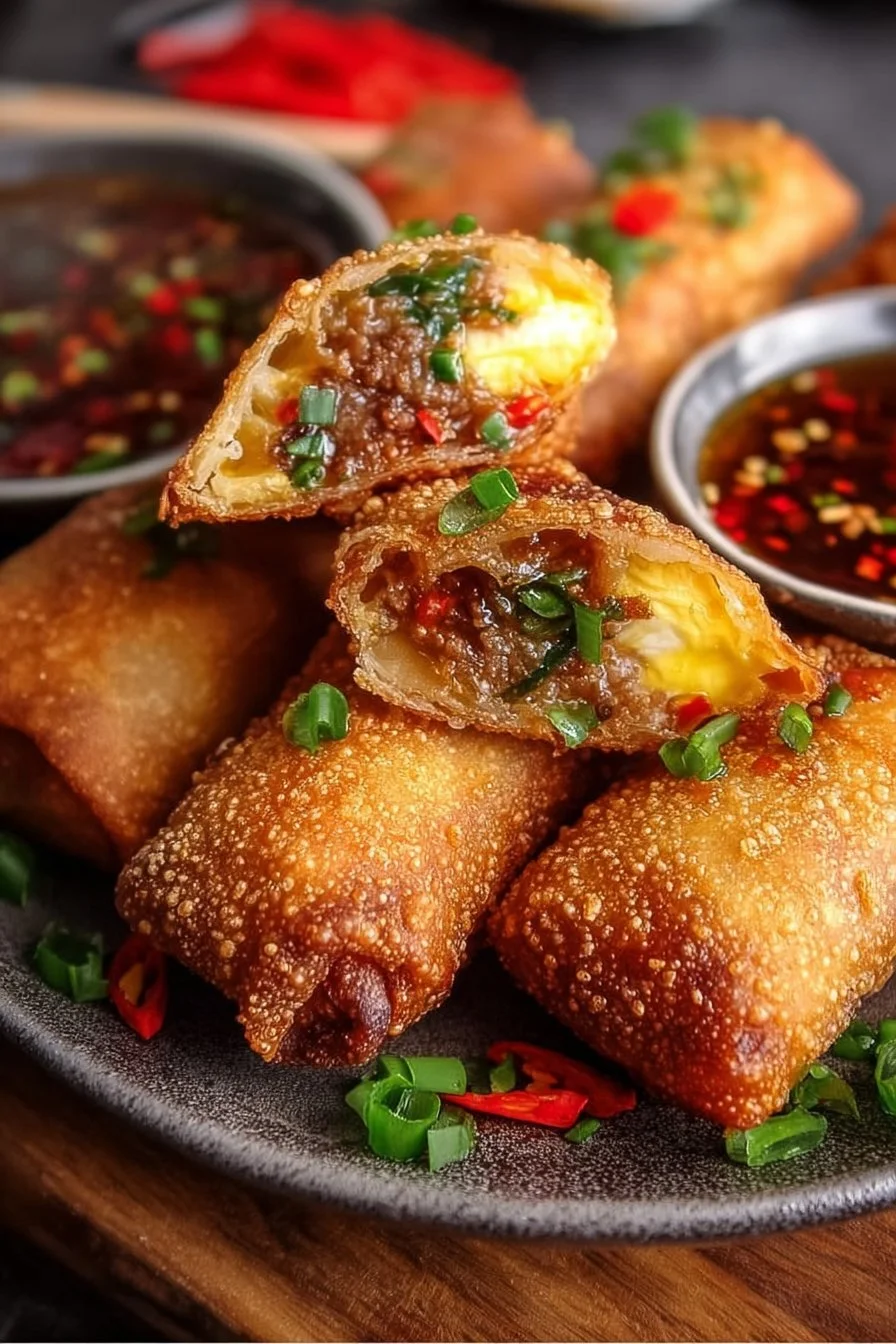 Crispy nacho egg rolls served with dipping sauce on a summer night