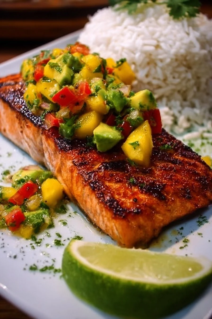 Grilled salmon with lime, avocado-mango salsa, and coconut rice on a plate