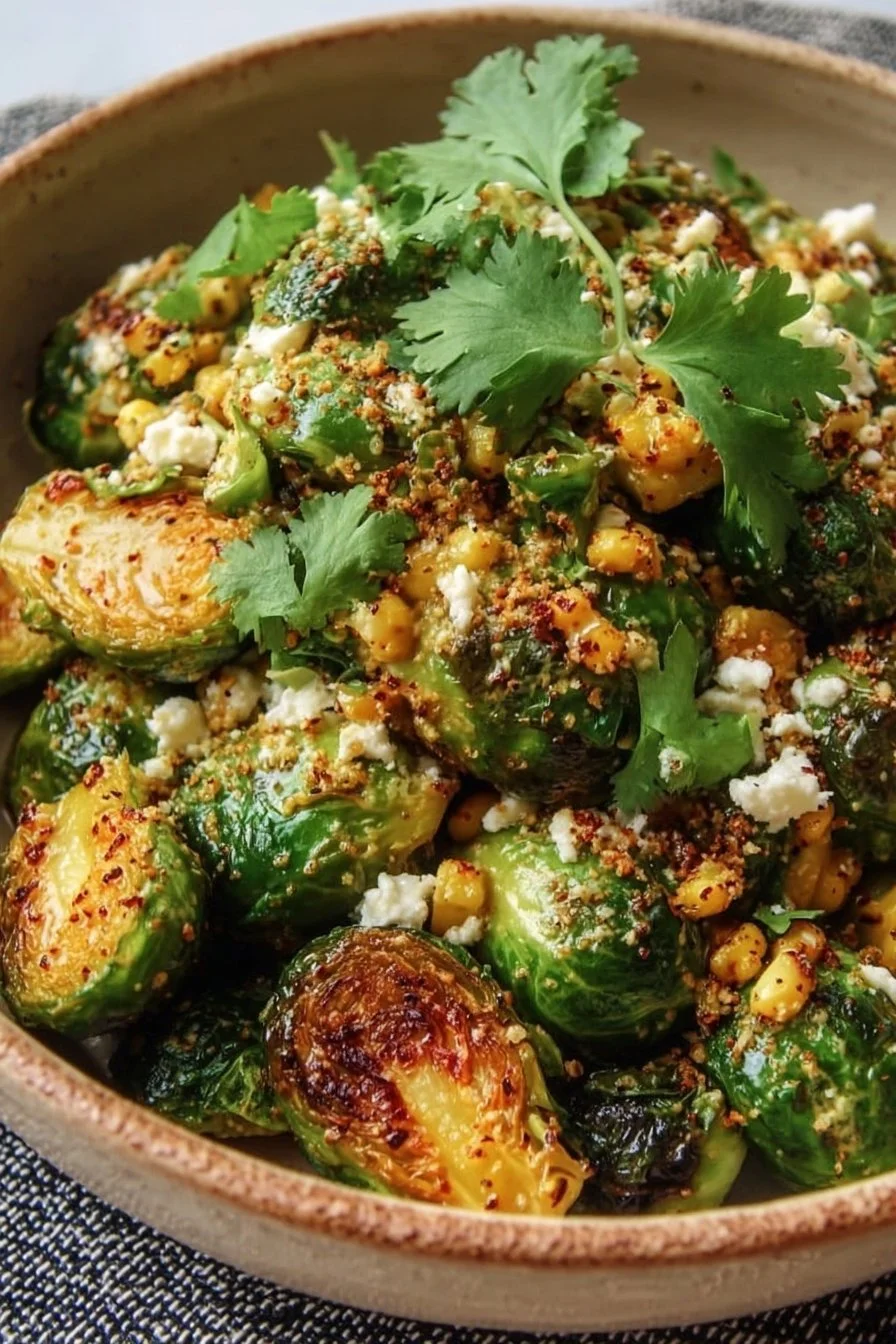 Yummy Mexican street corn Brussels sprouts dish for busy moms
