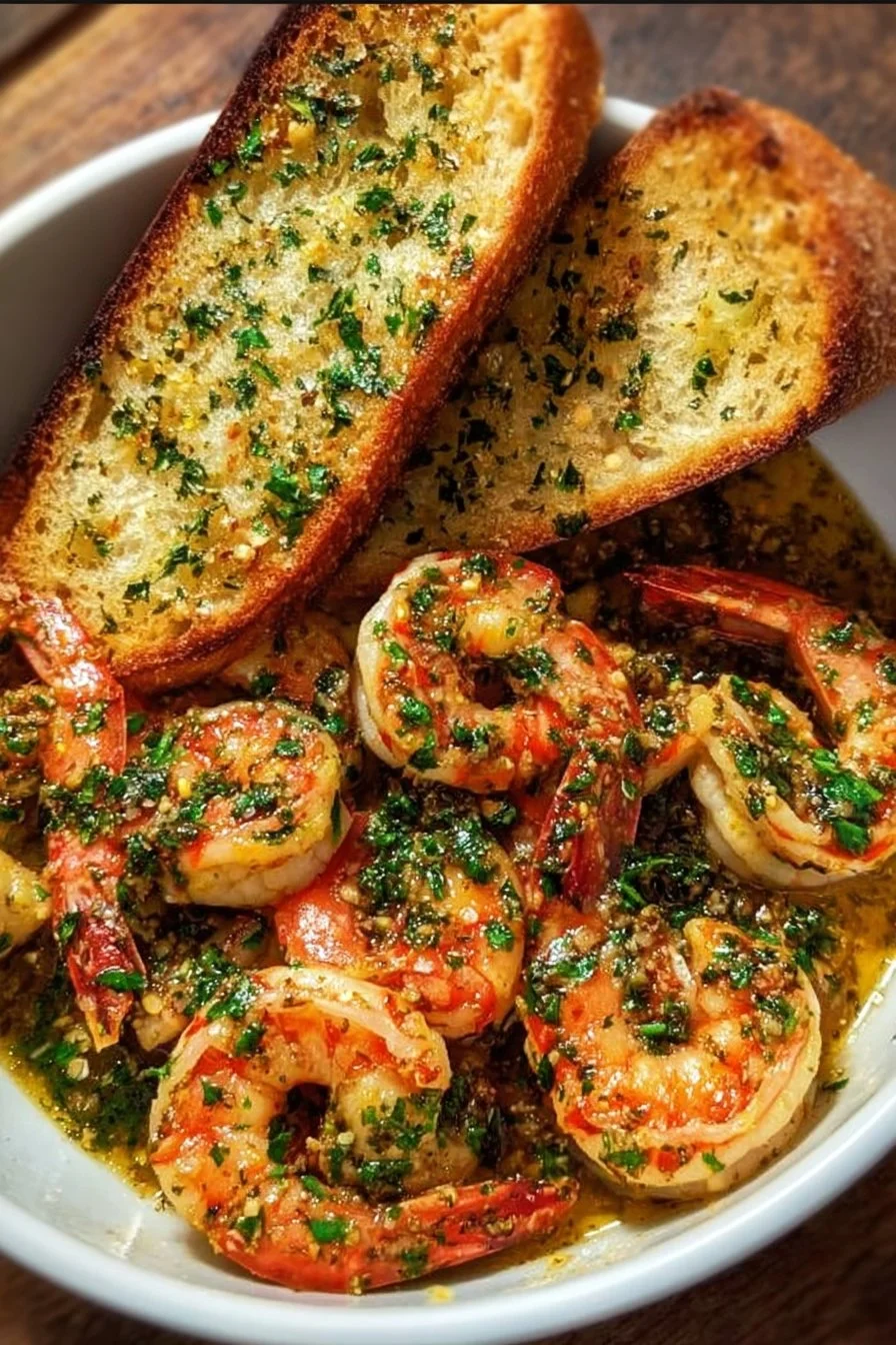 Zesty shrimp scampi bowls with garlic bread served in a clear dish.