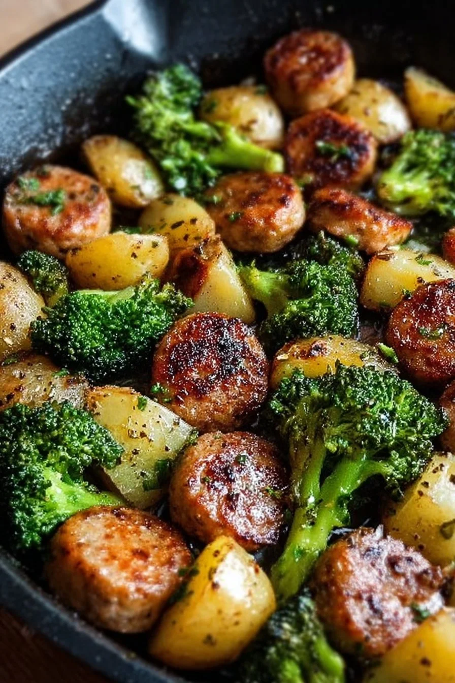 Delicious sausage potato broccoli skillet in a cast iron pan, ready to serve