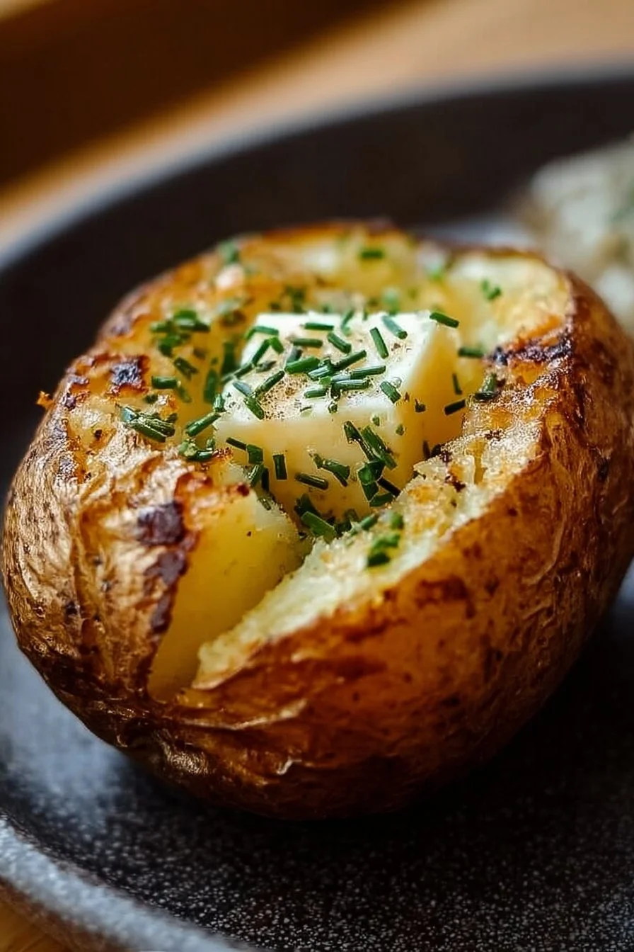 Delicious air fryer baked potato topped with butter and herbs