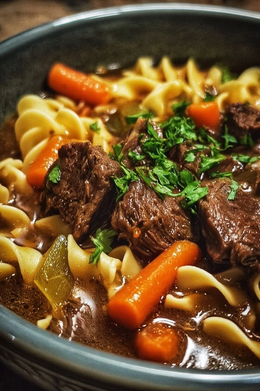 Hearty beef and noodles stew with vegetables in a bowl.