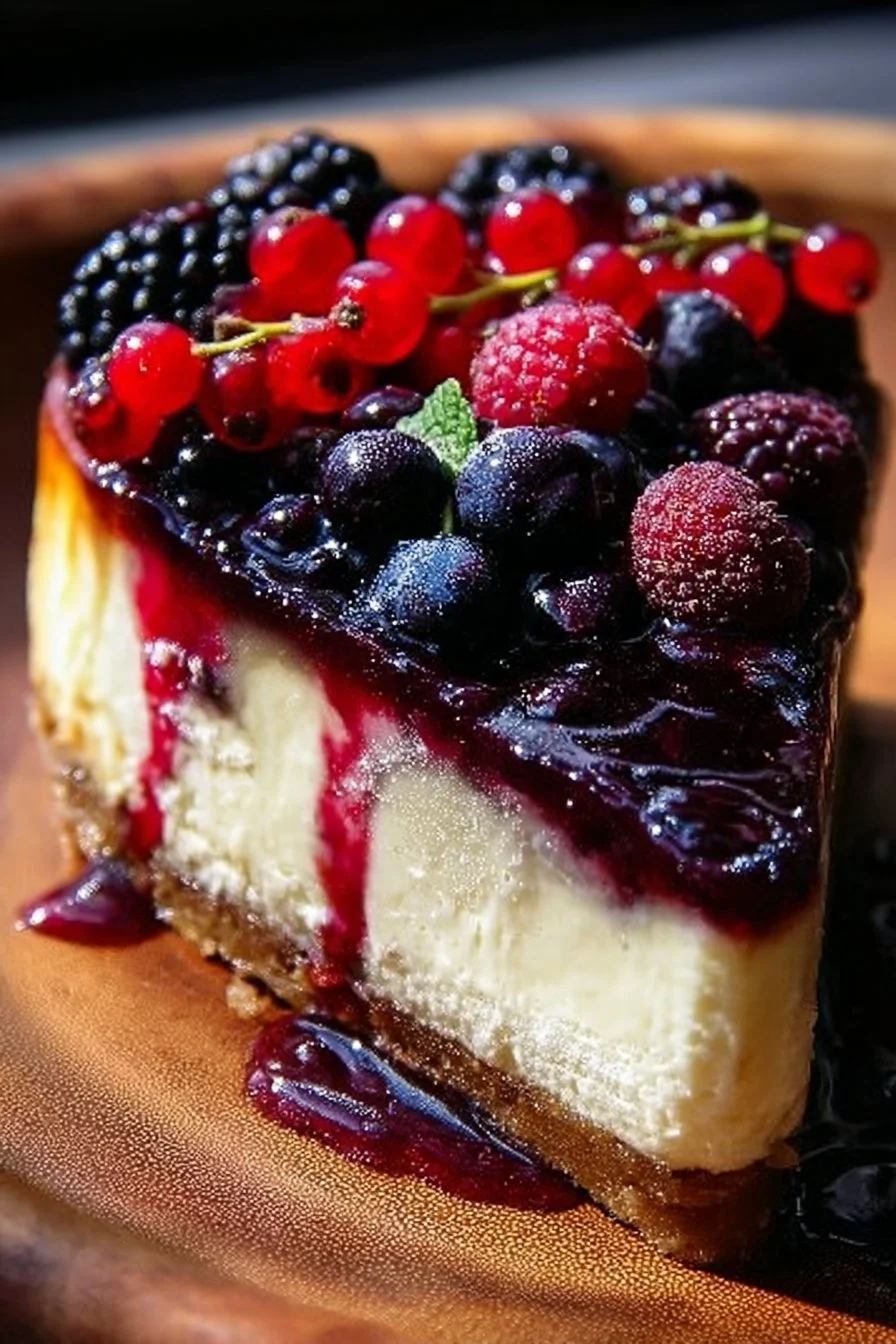 Delicious Berry Bliss Cheesecake topped with fresh berries and whipped cream