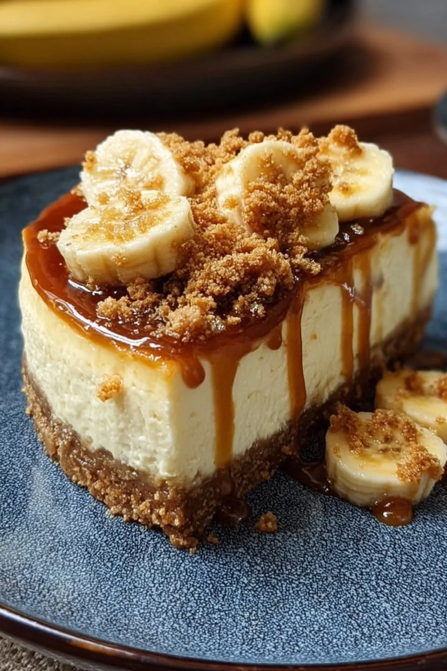 Delicious slice of banana bliss cheesecake topped with fresh bananas and whipped cream
