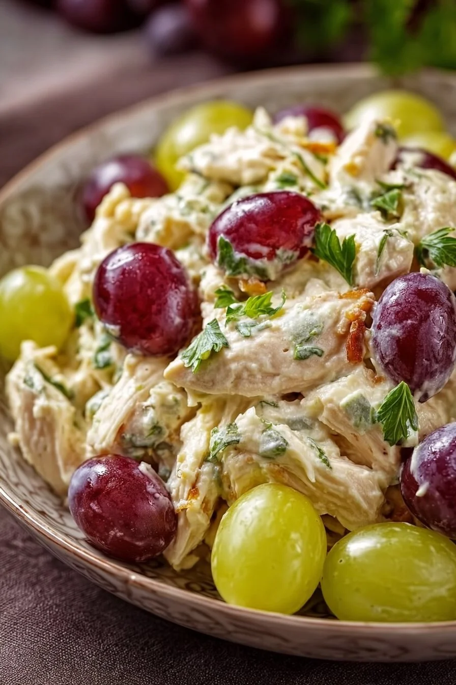 Delicious chicken salad with grapes served in a bowl