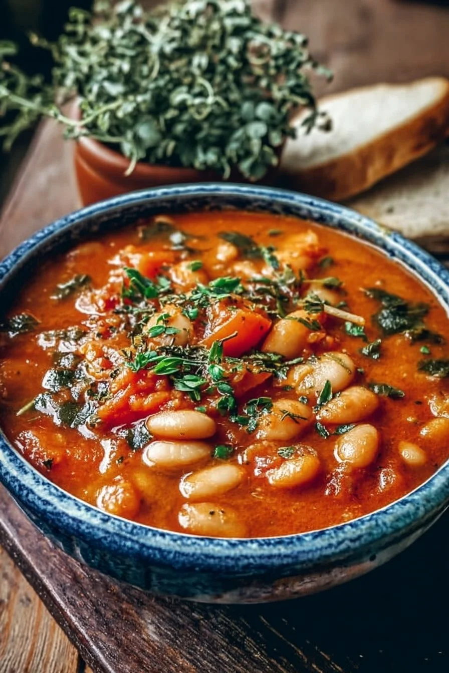 Bowl of creamy vegan tomato white bean stew garnished with fresh herbs