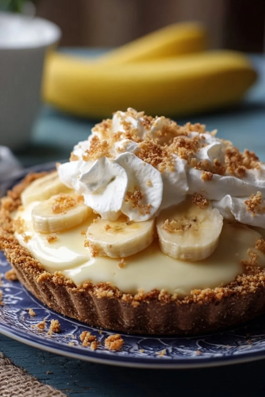 Delicious slice of easy banana cream pie with whipped cream topping
