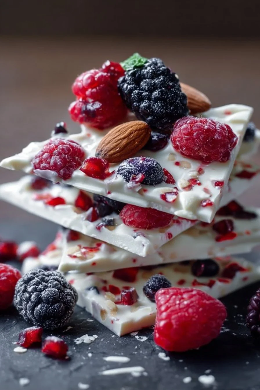 Delicious frozen yogurt bark topped with fresh berries and honey