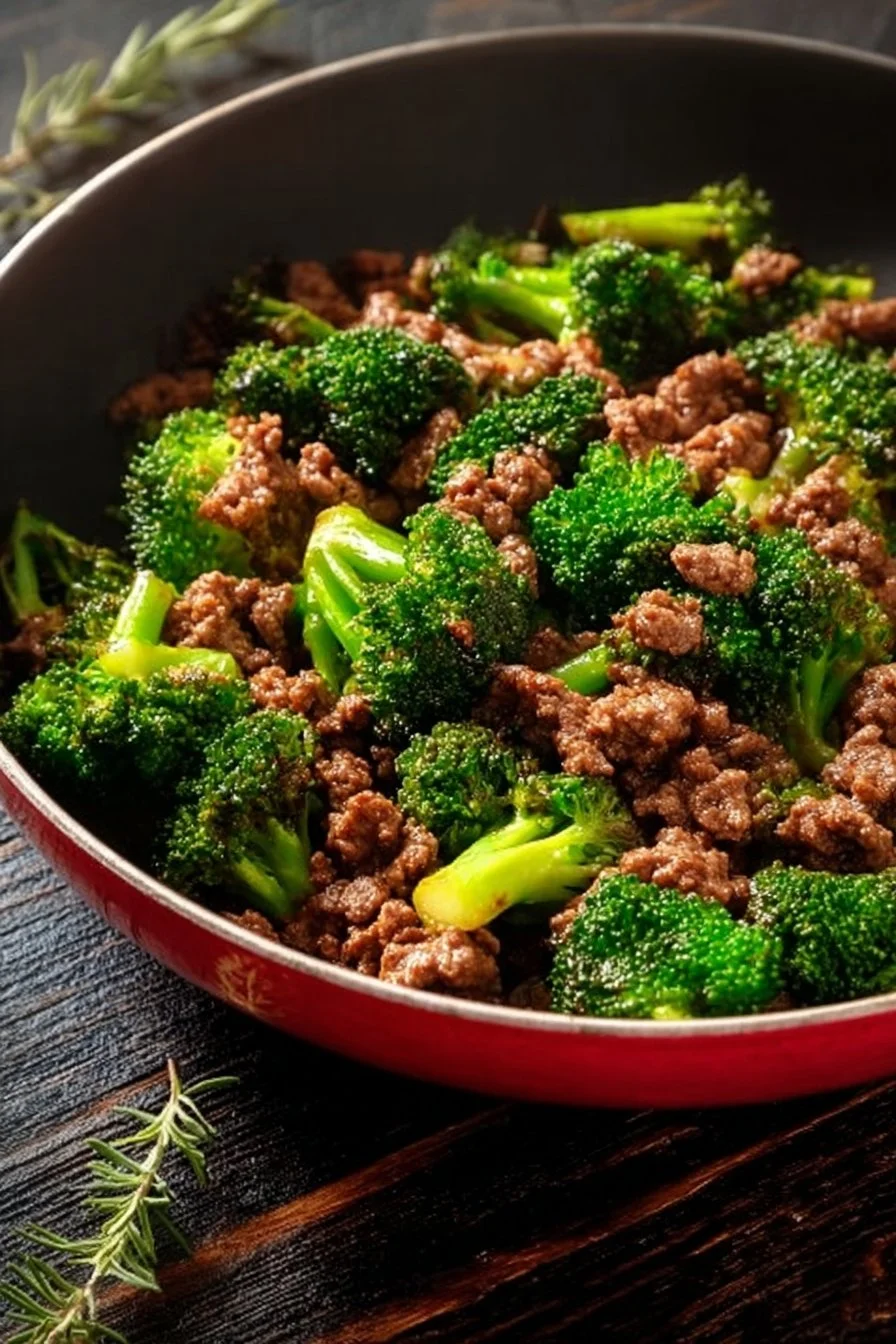 Delicious ground beef and broccoli stir-fry served in a bowl.