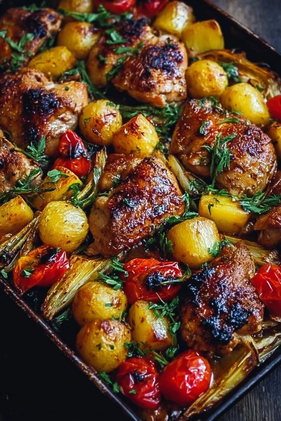 Delicious Hawaiian Chicken Sheet Pan meal with colorful vegetables