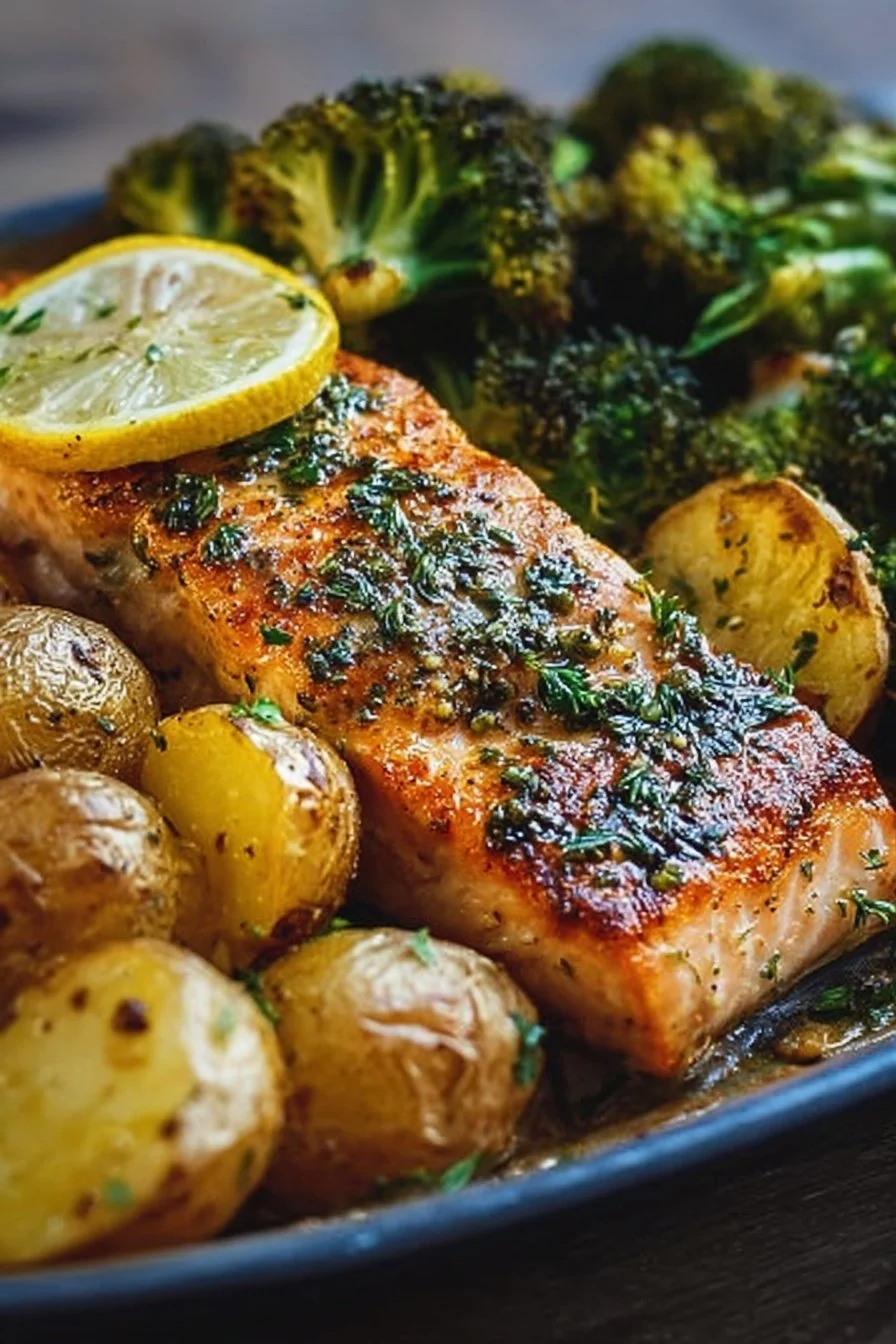 Plate of lemon butter salmon with crispy potatoes and roasted broccoli