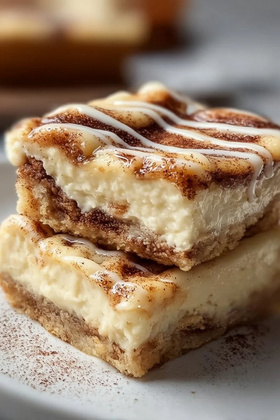 Savory and sweet ooey-gooey cinnamon roll cheesecake bars on a plate