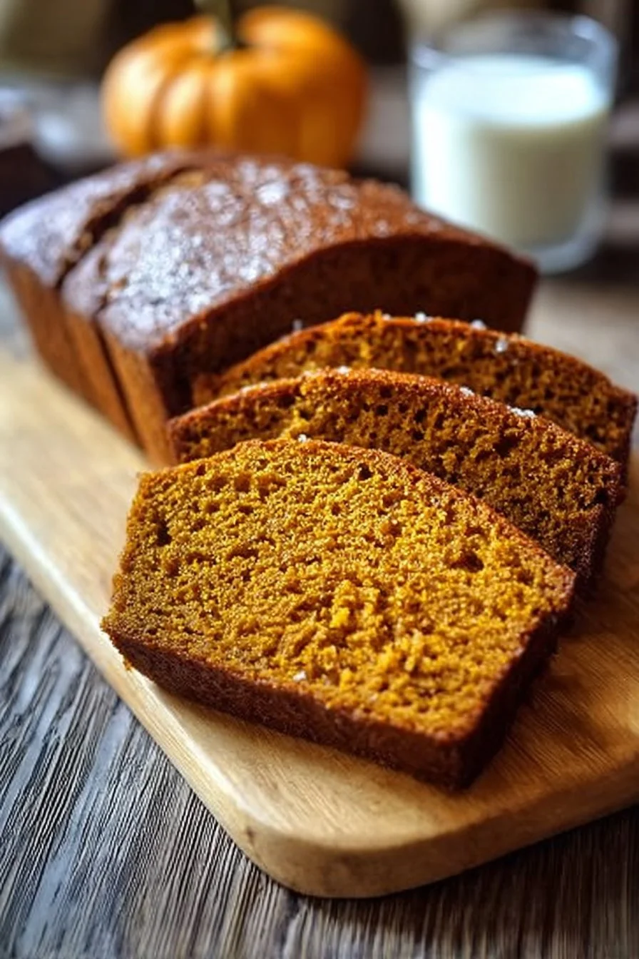 Loaf of moist pumpkin bread with spices and nuts on a wooden table