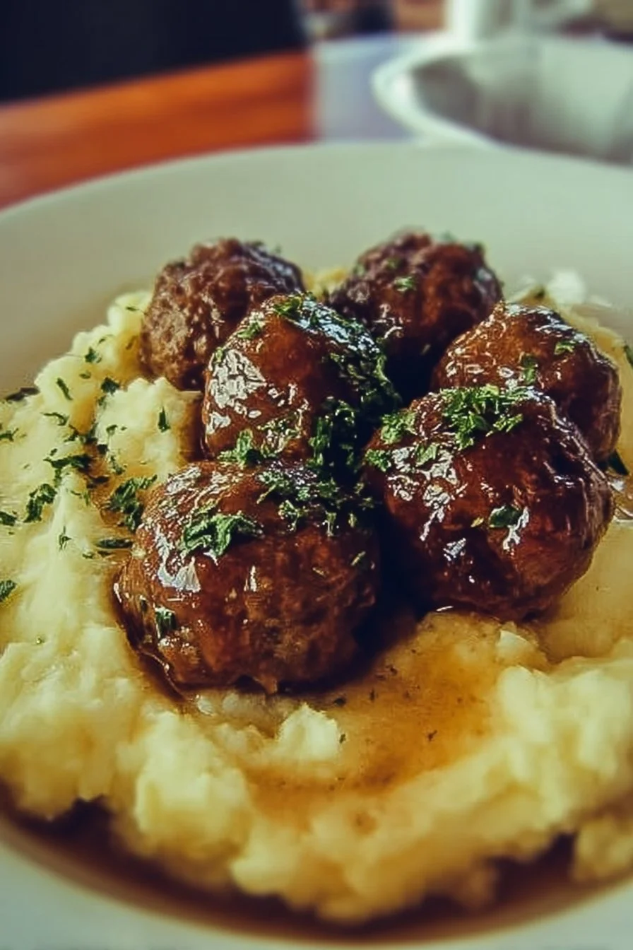 Delicious Salisbury meatballs served with creamy mashed potatoes on a plate
