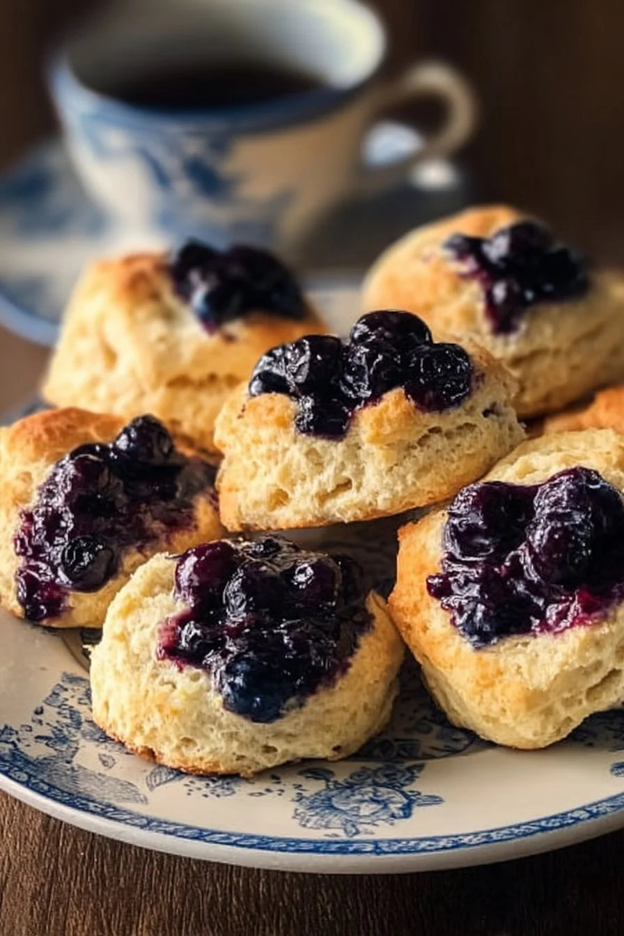 Delicious sweet blueberry buttermilk biscuits freshly baked on a cooling rack.