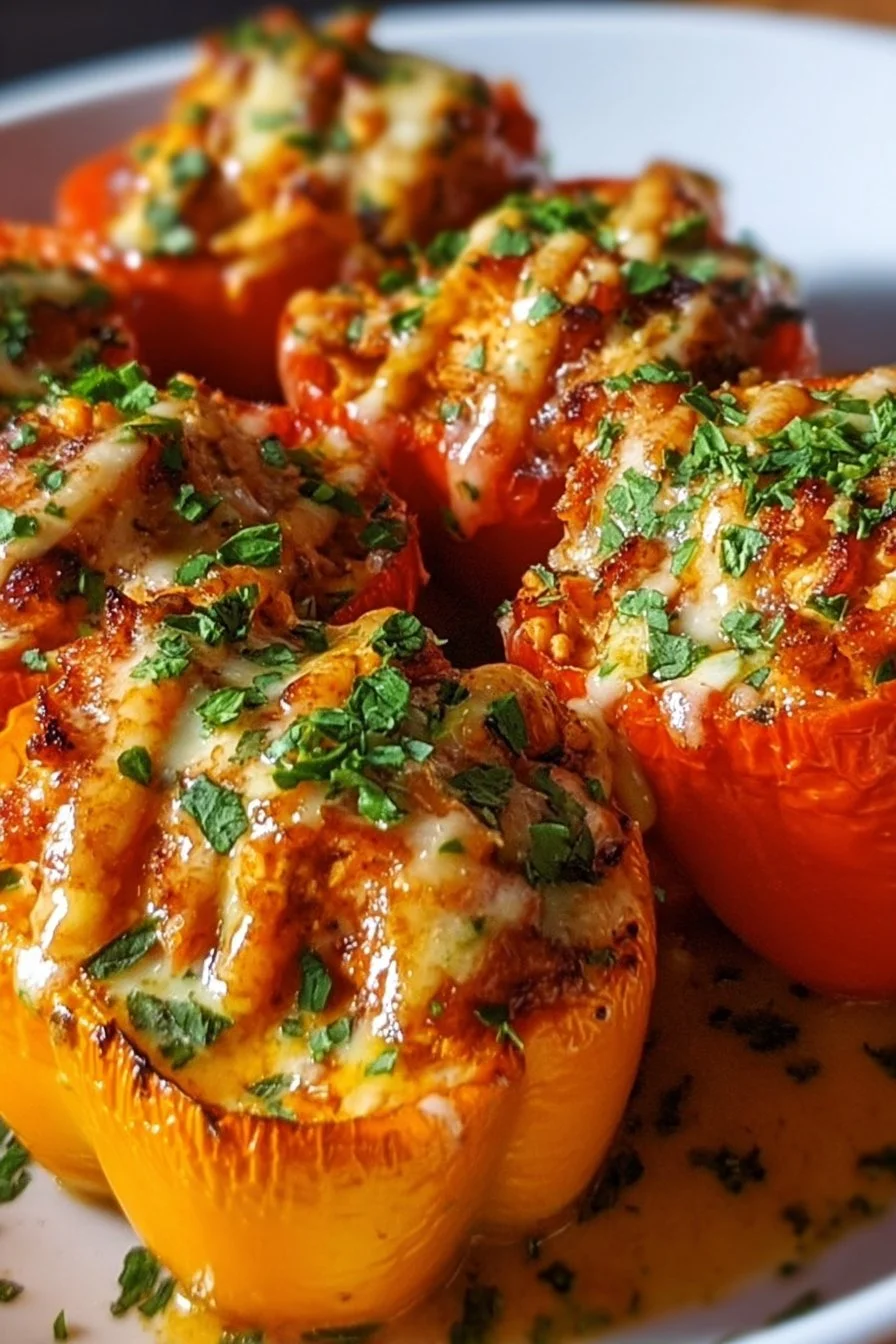 Buffalo chicken stuffed peppers served on a plate, ready to eat.