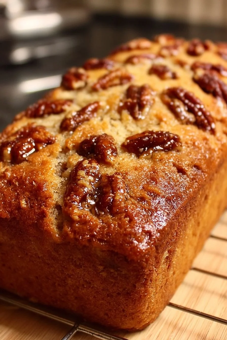 Slice of Buttermilk Sweet Alabama Pecan Bread topped with pecans