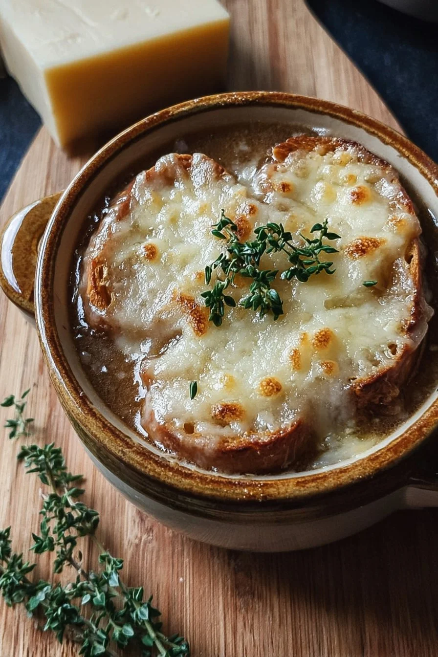 Delicious bowl of cheesy French onion soup topped with melted cheese and croutons.