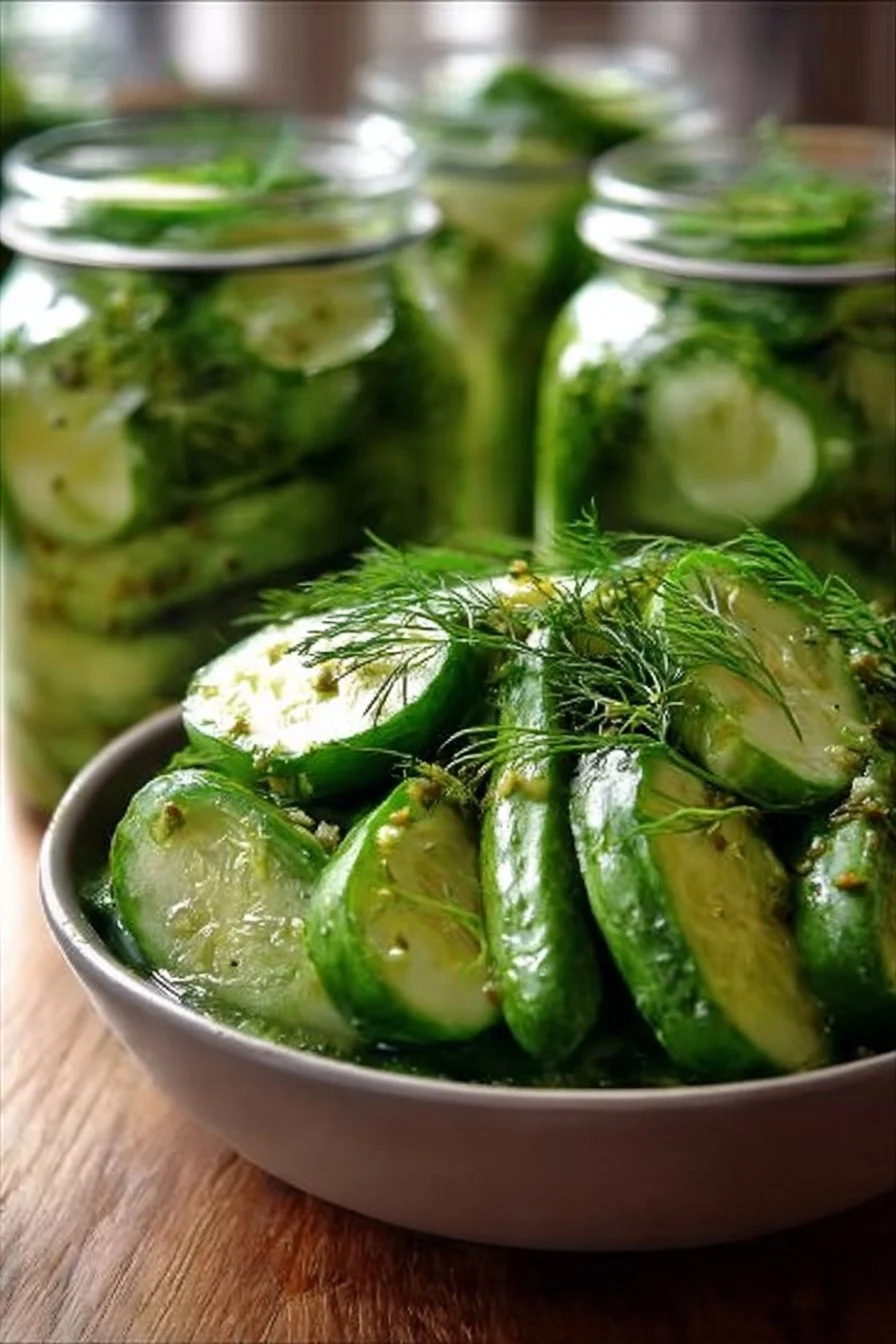 Cheesy Garlic Dill Cucumbers served in a bowl, garnished with fresh herbs.