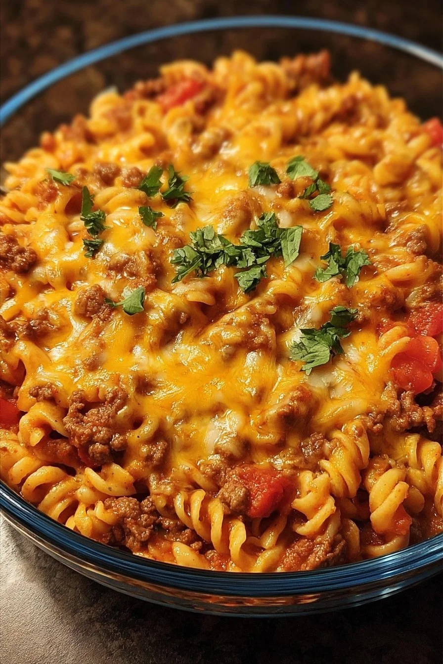 Cheesy Taco Pasta dish served in a bowl with toppings