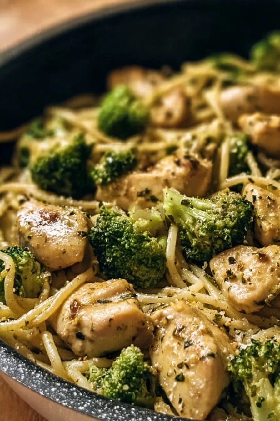 Bowl of Chicken Broccoli Pasta with creamy sauce and parsley garnish