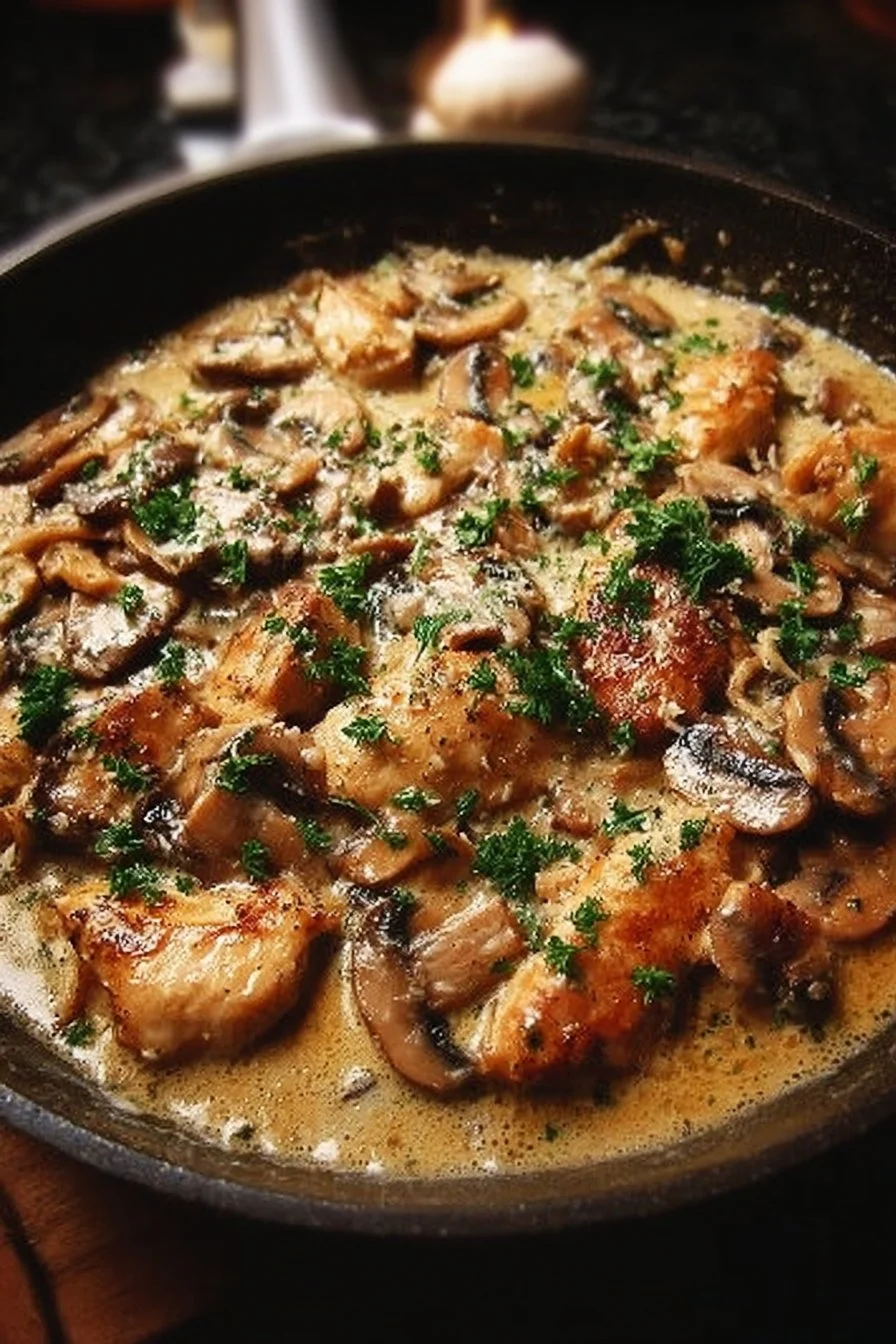 Chicken Mushroom Skillet in Creamy Asiago Mustard Sauce ready to serve.