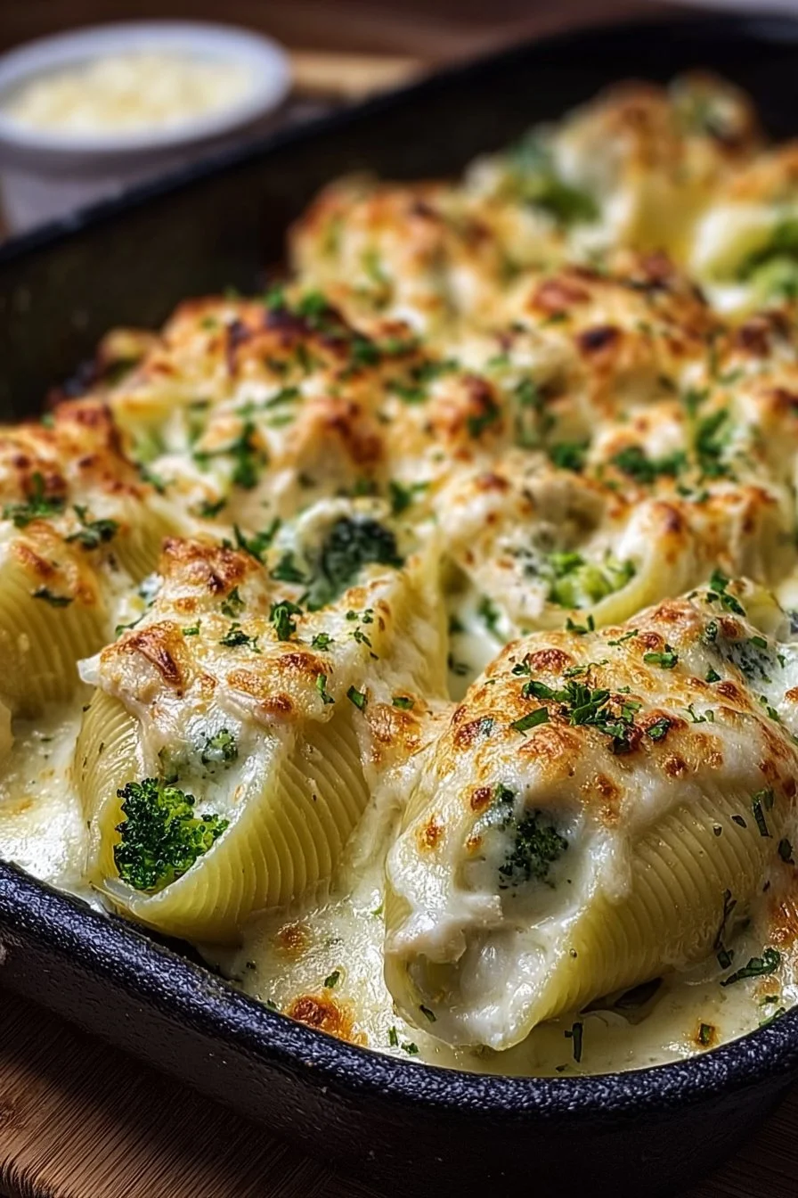 Delicious Chicken & Broccoli Alfredo Stuffed Shells topped with creamy sauce