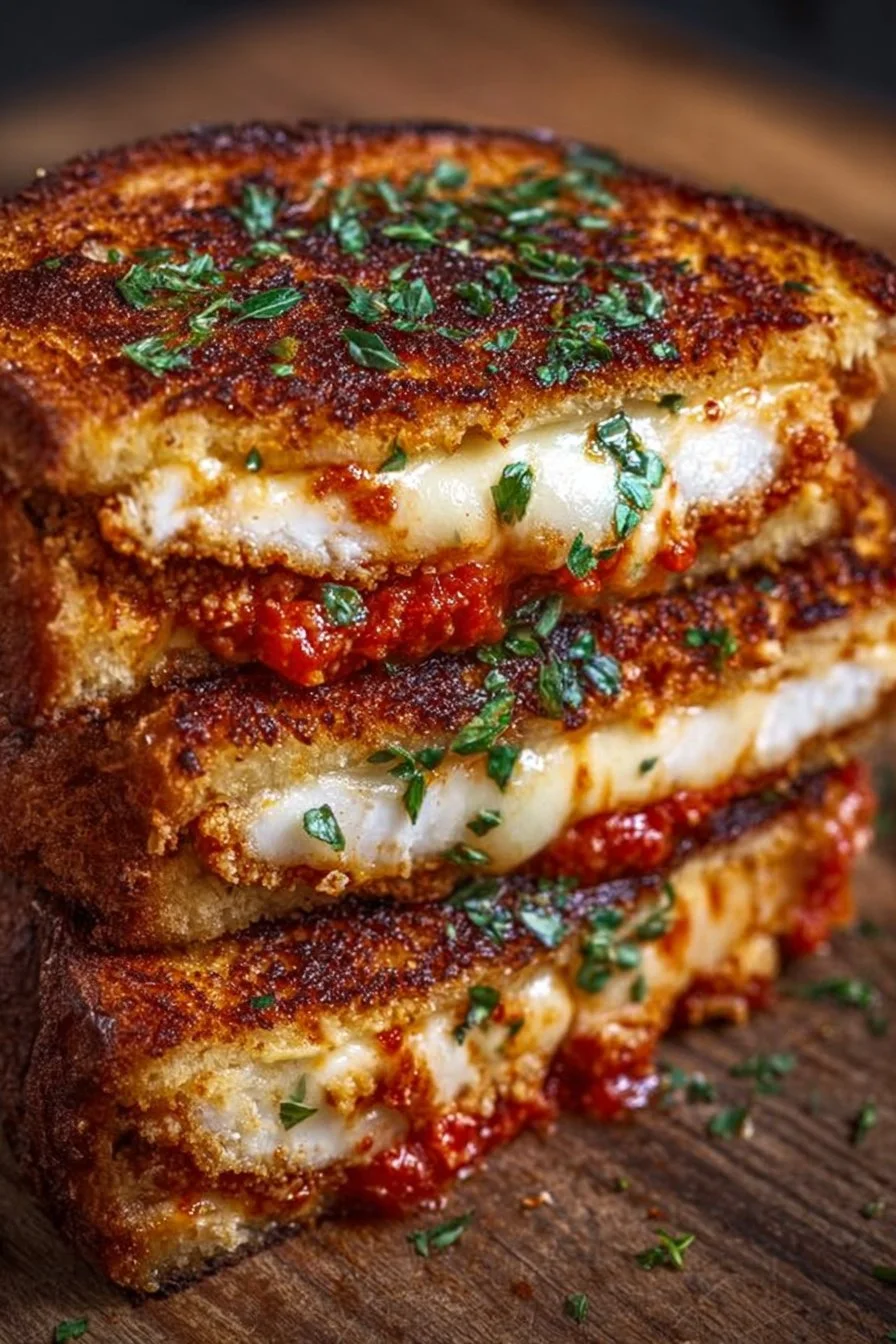Delicious Chicken Parmesan Grilled Cheese sandwich with melted cheese and marinara sauce.