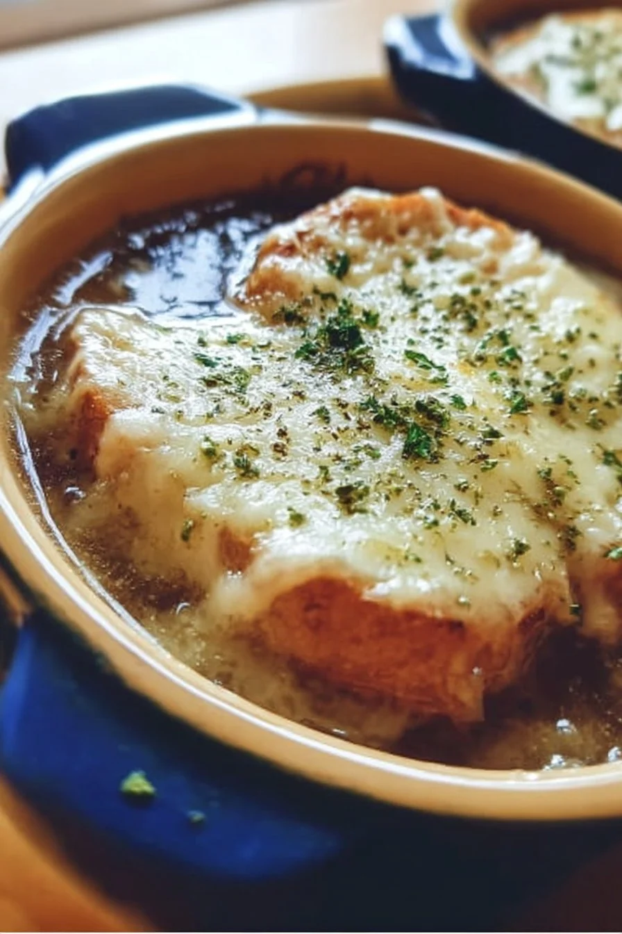 Bowl of homemade French Onion Soup topped with melted cheese and fresh herbs