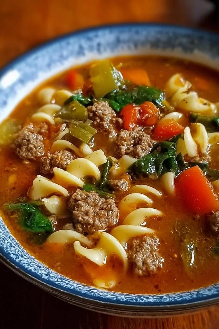 Bowl of comforting hamburger noodle soup with fresh ingredients