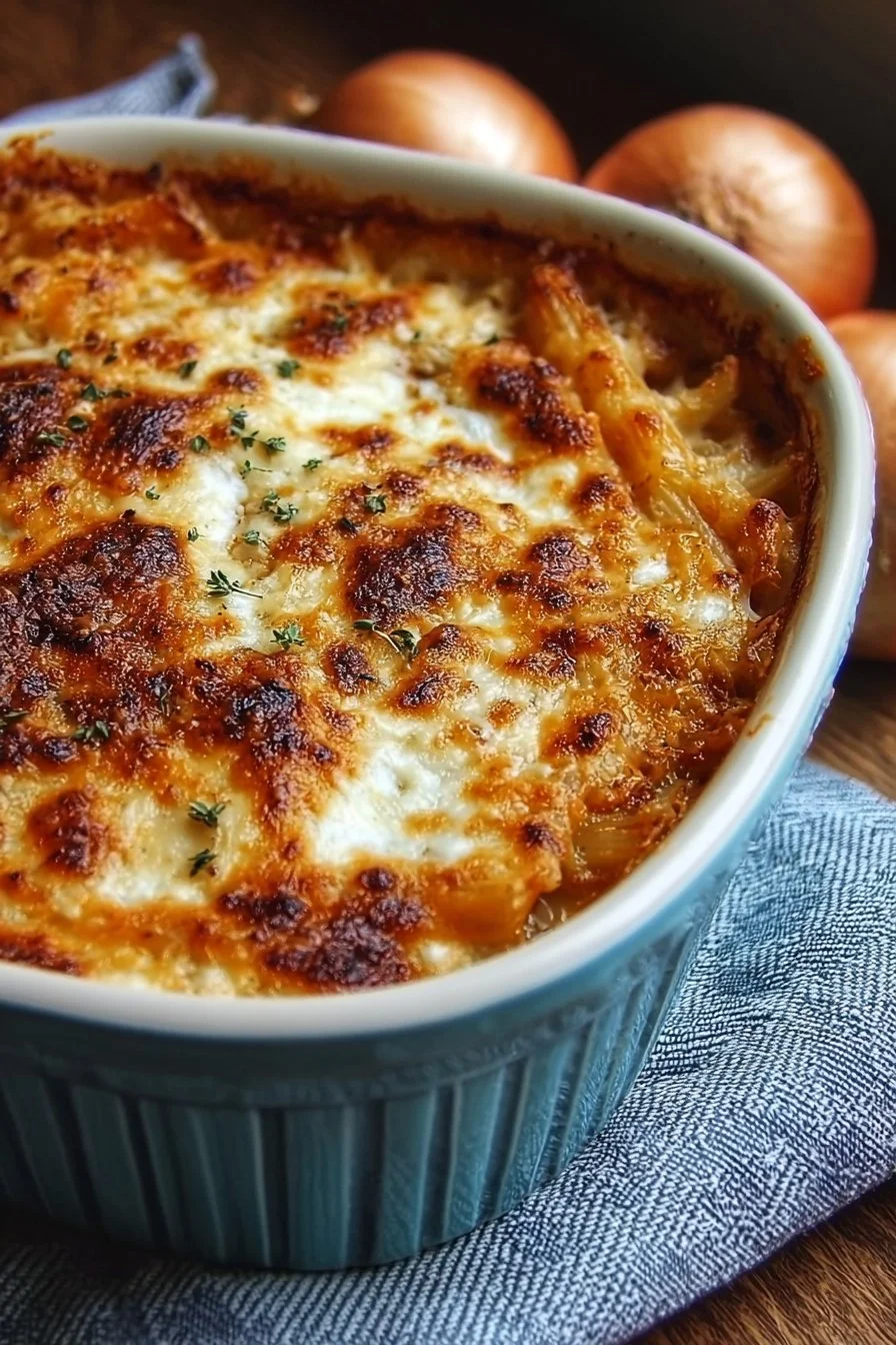 Deliciously baked French onion casserole topped with melted cheese