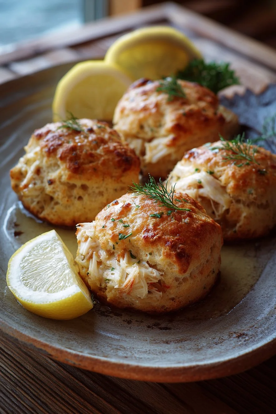 Crab stuffed biscuits drizzled with lemon butter on a plate