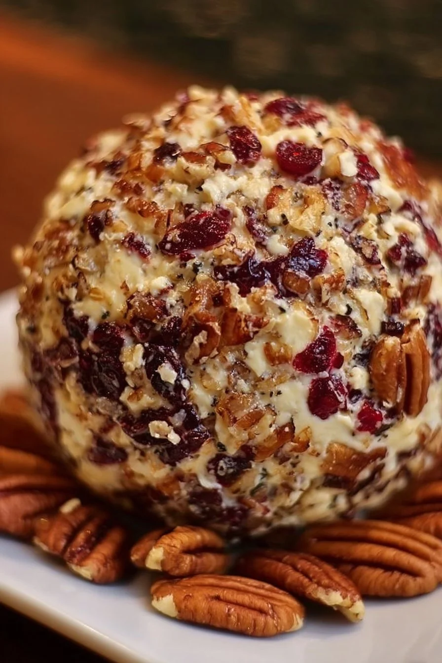 Cranberry pecan cheese ball with crackers and festive decor
