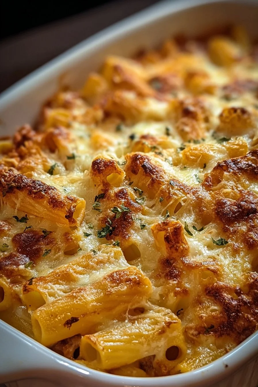 Creamy baked rigatoni topped with melted cheese and herbs
